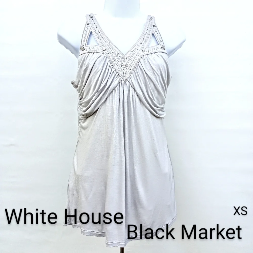 White House Black Market Sleeveless Draping Jeweled Top Jersey Ice Gray X Small - Picture 2 of 10
